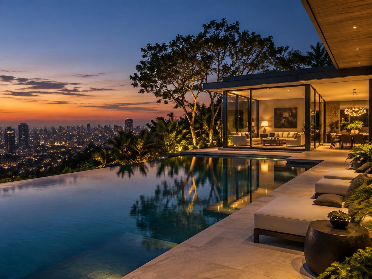 Residência contemporânea com piscina e iluminação de fim de tarde